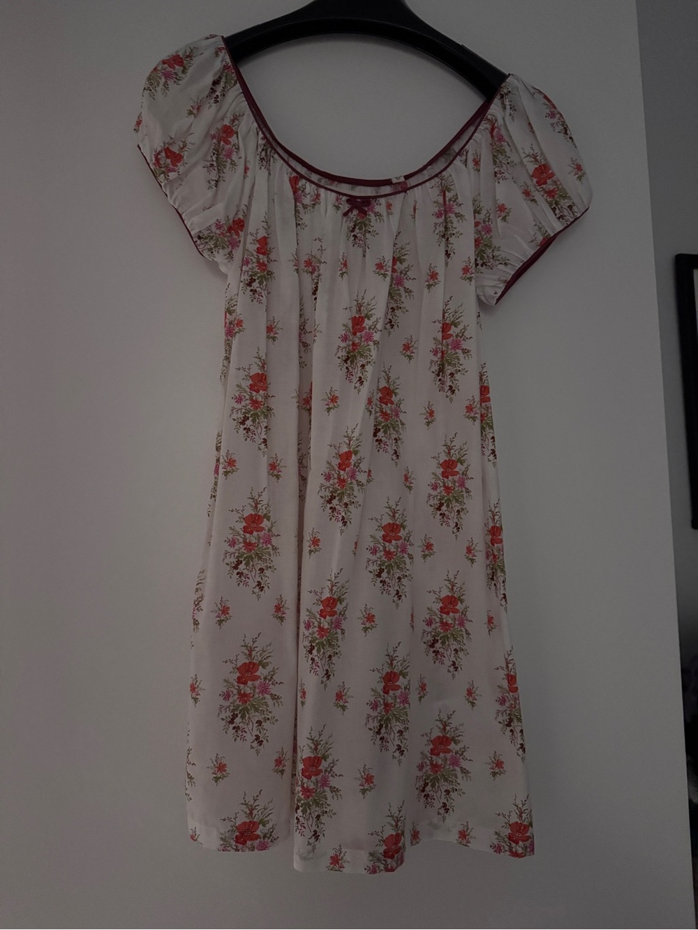 Doen Cream Mini Dress with Pink Floral Print and Maroon Trim